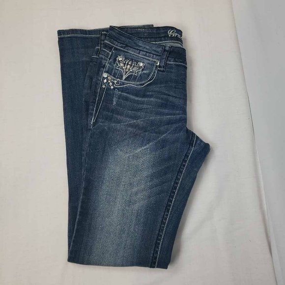 Grace In La Womens Boot Cut Jeans Blue Stretch Embellished Stone Wash Denim 9 - Picture 4 of 12